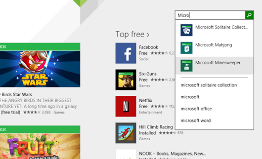 Image of search box in the Windows Store