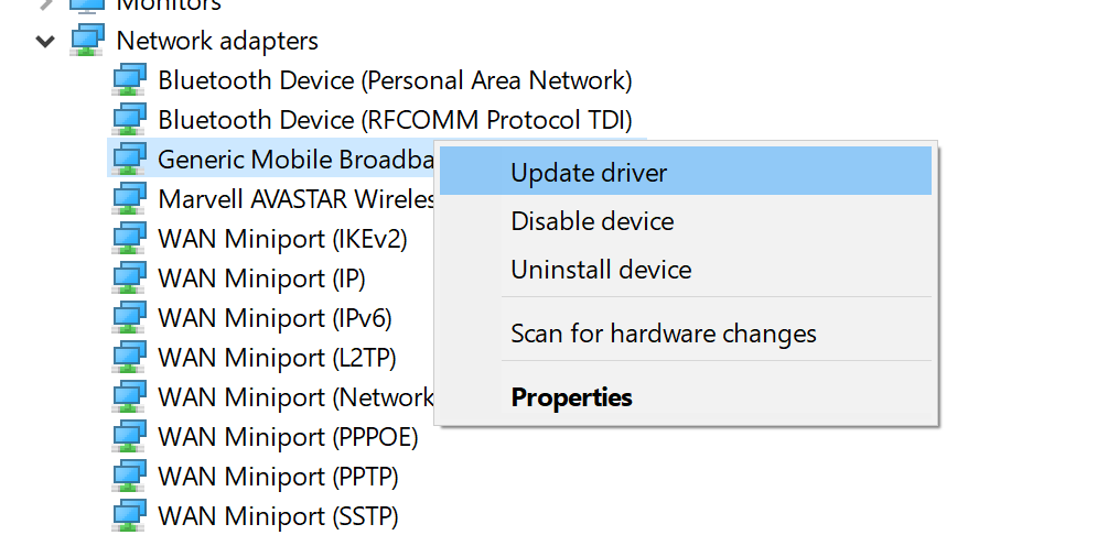 • Go to Network Adapters -> Generic Mobile Broadband Adapter or xxxxx Mobile Broadband Adapter in Device Manager.