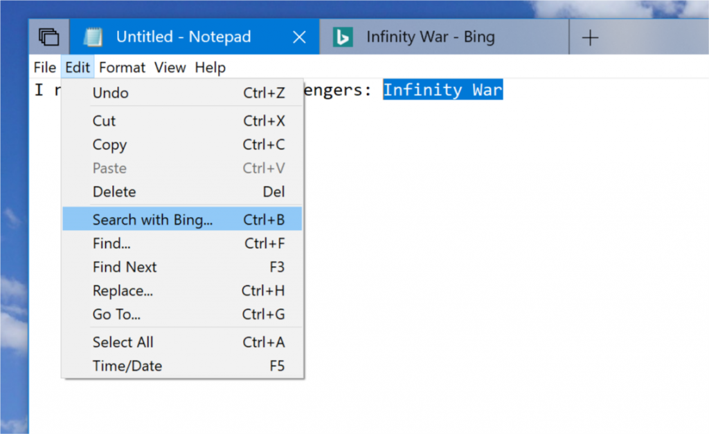 Fai clic con il tasto destro del mouse sul testo selezionato e seleziona "Cerca con Bing" tramite il menu di scelta rapida (contesto).