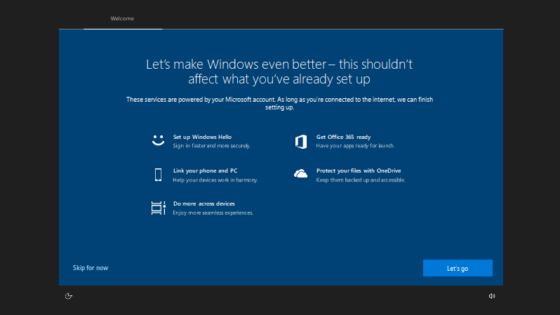 Vollbild-Setup-Fenster mit der Aussage "Lass uns Windows noch besser machen - das sollte nicht beeinflussen, was du bereits eingerichtet hast.