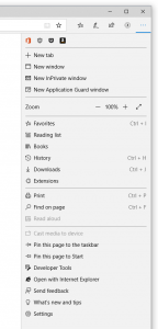 Screen capture showing the new settings menu in Microsoft Edge