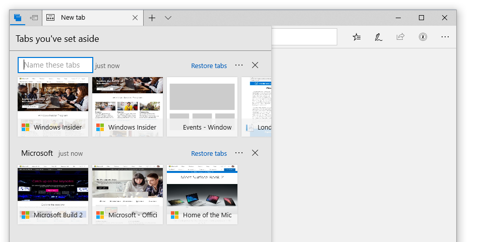Acquisizione schermata che mostra il campo "Assegna nome a queste schede" in "Schede che hai messo da parte" in Microsoft Edge.