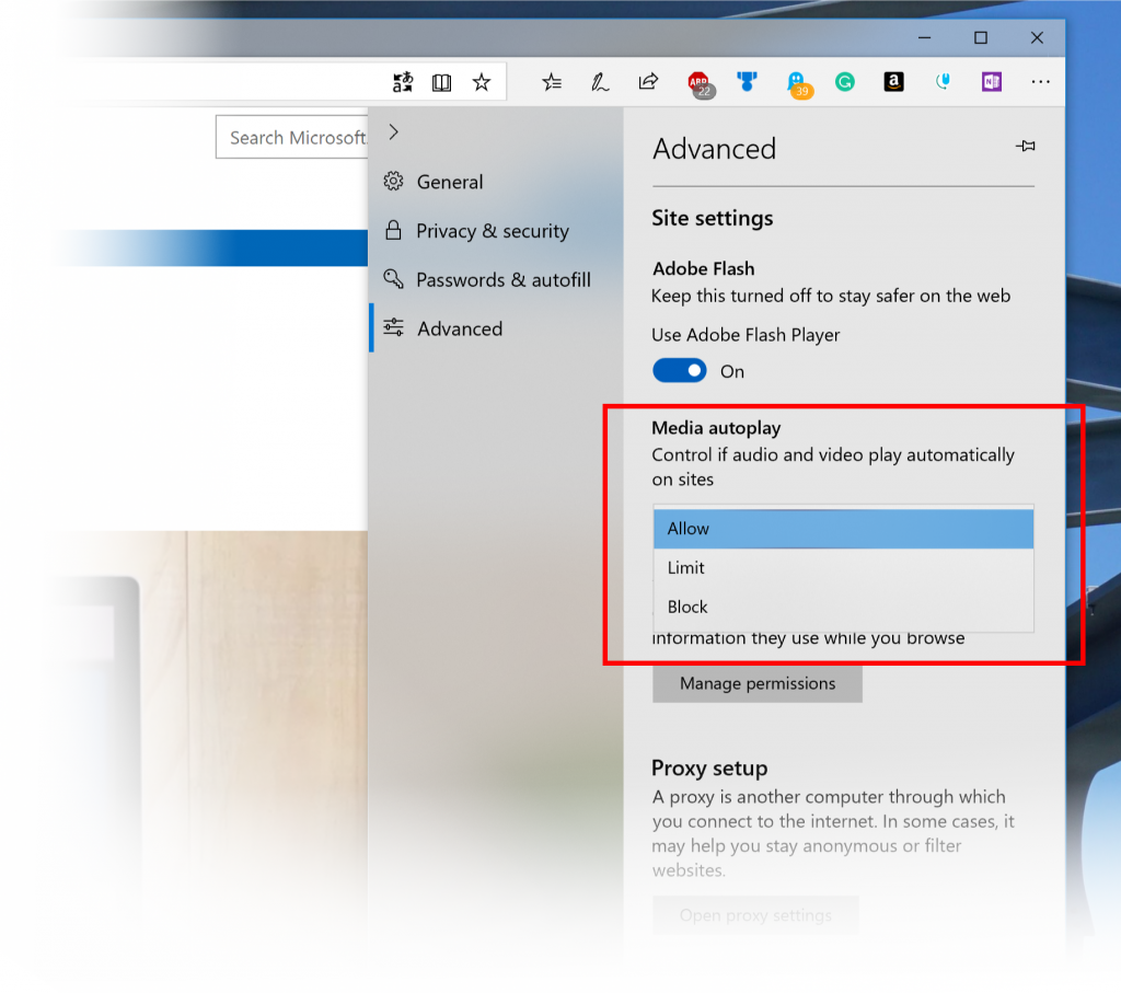 Nesta compilação, adicionamos uma nova configuração no Microsoft Edge para permitir que você controle se os sites podem reproduzir automaticamente a mídia. Você pode encontrar essa configuração em "Configurações avançadas"> "Reprodução automática de mídia".