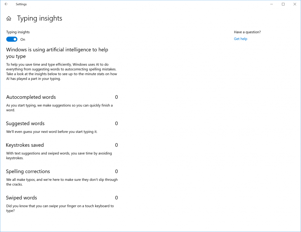 Mostrando la pagina Insights Typing con le statistiche sopra descritte.