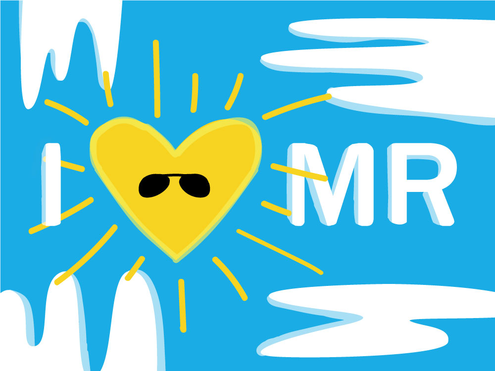 I heart MR on a blue and white background