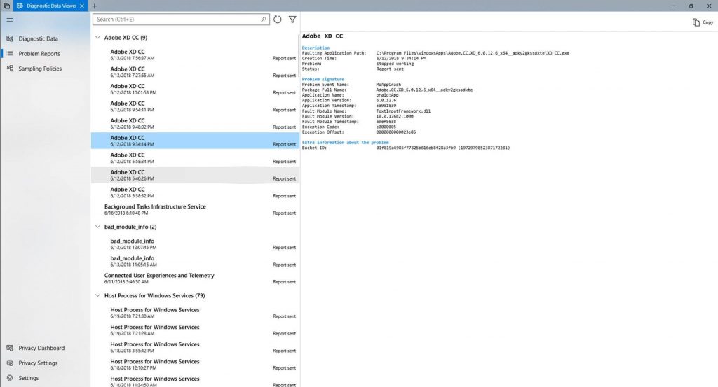 The Diagnostic Data Viewer shows you each Problem Report sent to Microsoft. 