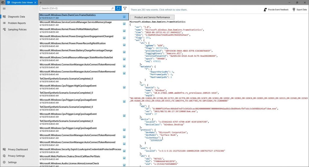 The Diagnostic Data Viewer shows you each diagnostic data point sent to Microsoft in detail. You can do things like filter the view by category (to right of search bar) and export the data to a separate file (top right of tool). 