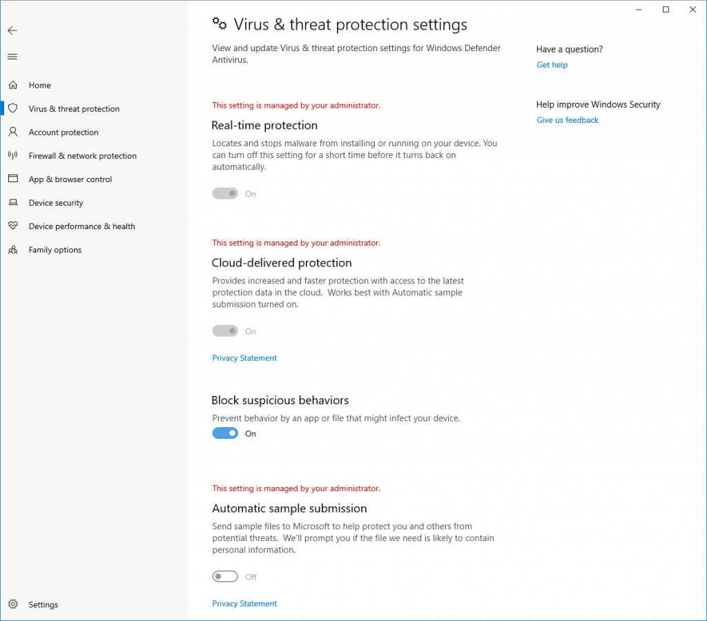 Lo screenshot che mostra Blocca azioni sospette si attiva nell'app di sicurezza di Windows, nella sezione Protezione da virus e minacce.