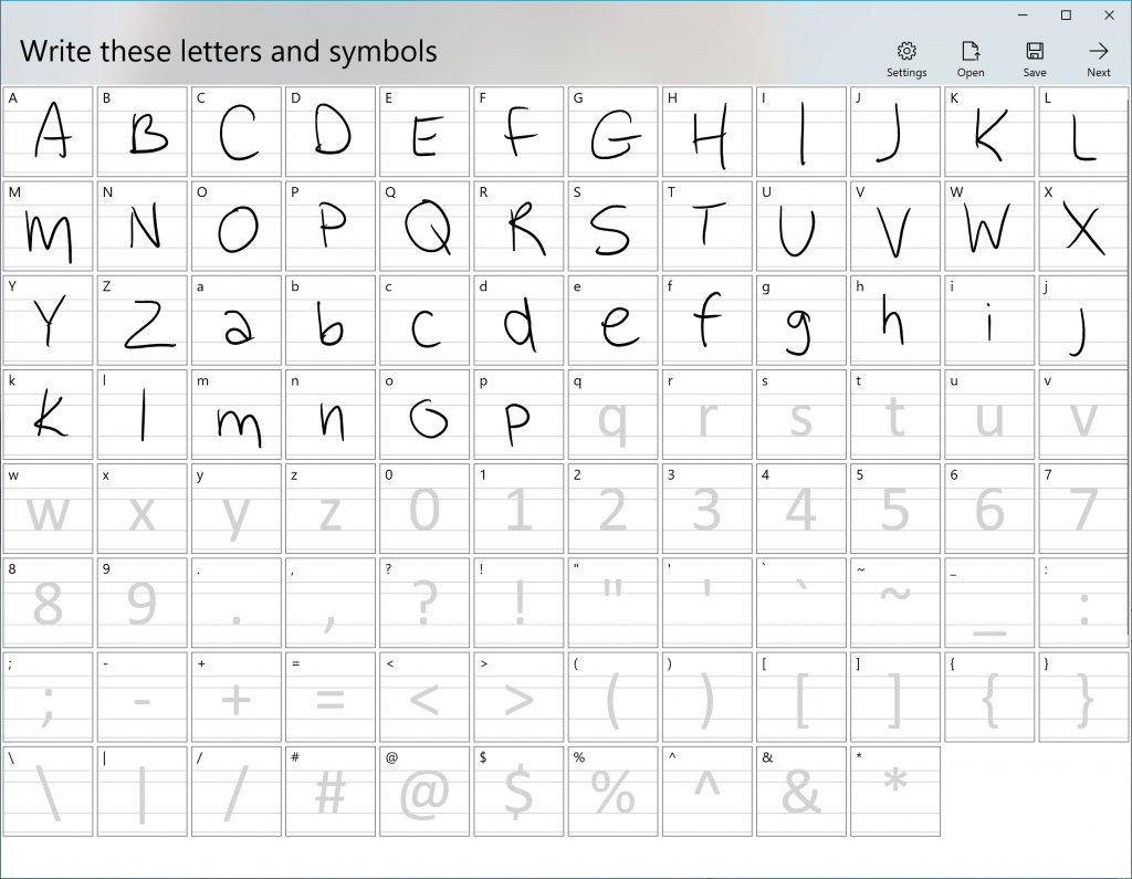 Showing an app page that says “Write these letters and symbols” with a grid of letters and numbers, half of which have been inked over using handwriting.