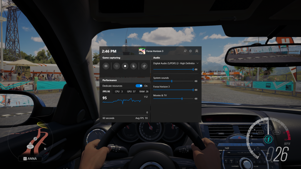 Forza Horizon 3 mit der neuen Benutzeroberfläche der Spielebalken spielen. Verfügt über einen Leistungsmonitor, Aufnahmesteuerelemente und Audiooptionen.