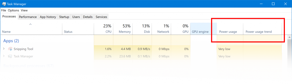 Metriche sull'utilizzo dell'energia in Task Manager, con due colonne aggiuntive "Consumo energetico" e "Andamento consumo energetico". 