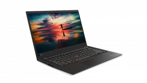 Lenovo Thinkpad X1 Carbon facing right with a sunset on its display