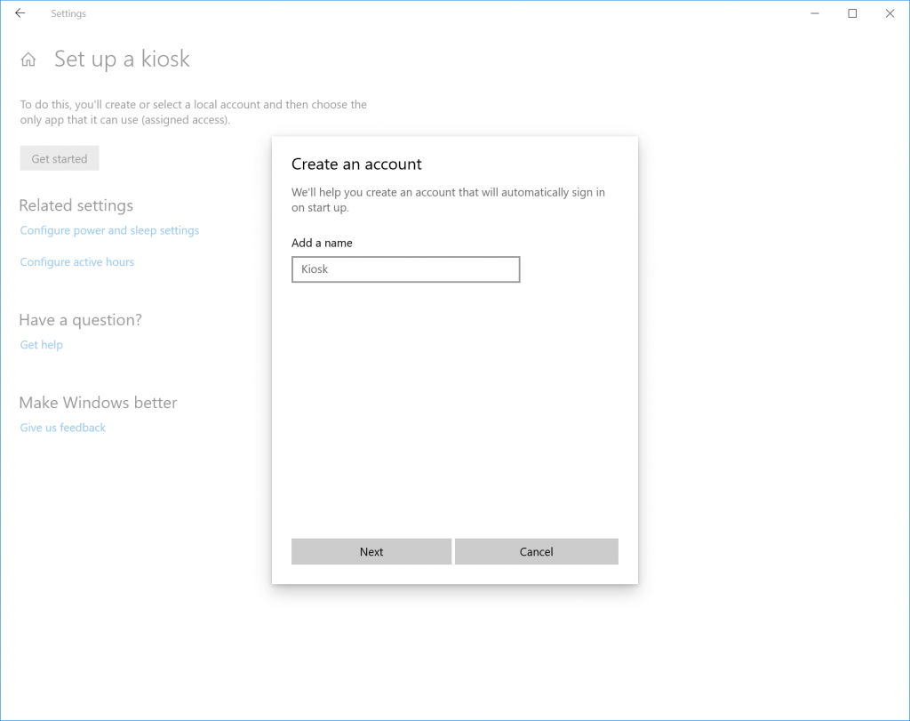 Set up a kiosk Settings page. Showing floating dialog “Create an account”.