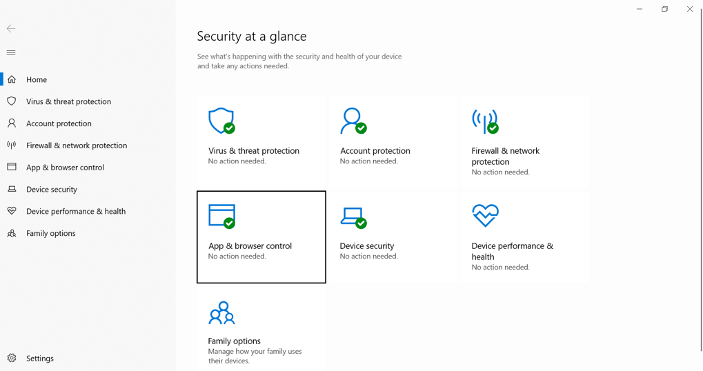 Windows Security App, Kategorie "App & Browser Kontrolle" hervorgehoben.
