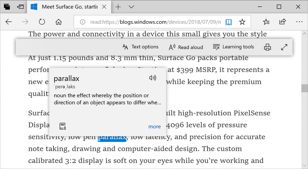 Cattura dello schermo che mostra una definizione per una parola nella vista di lettura di Microsoft Edge.