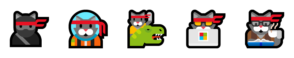 5 der 6 Ninja Katze Emoji - das Original, Astro Katze, Katze mit T-Rex, Hacker Katze und Hipster Katze.