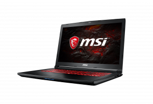 MSI GL72M open and facing left, with lit red keyboard