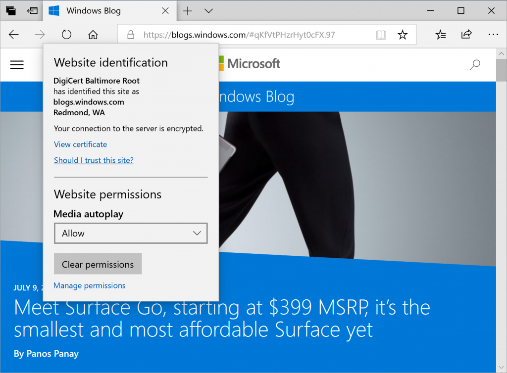 Cattura dello schermo che mostra il riquadro di identificazione del sito Web e i controlli della riproduzione automatica dei media in Microsoft Edge.