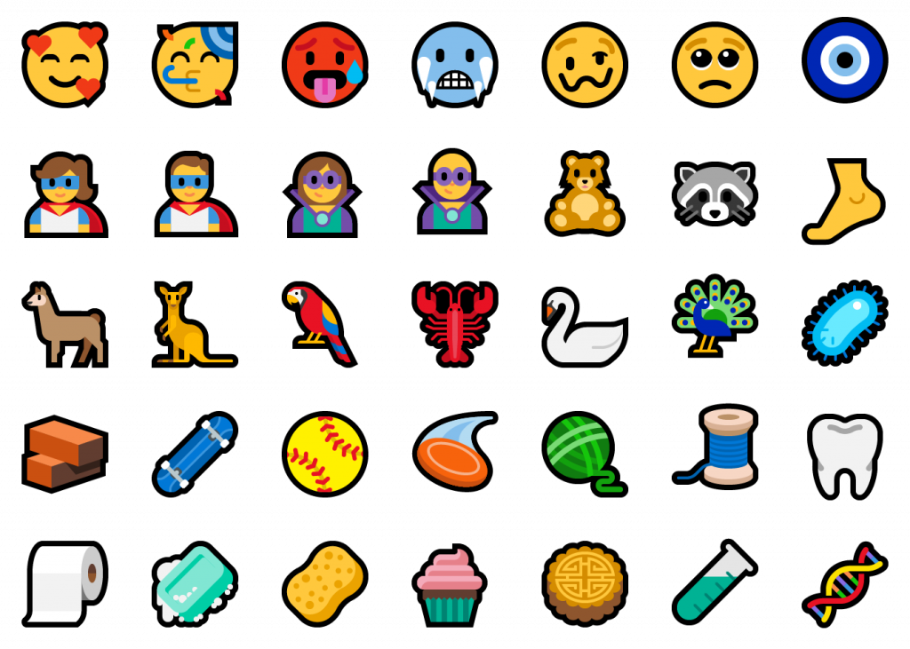 Alt text: Showcasing 35 of the 157 new emoji. Including kangaroo, cupcake, sponge, tooth, raccoon, foot.