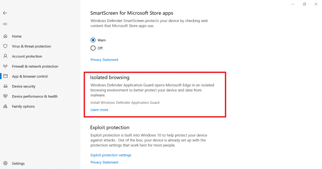Windows Security App, jetzt in der Kategorie App & Browser Control, Abschnitt Isolated Browsing hervorgehoben.