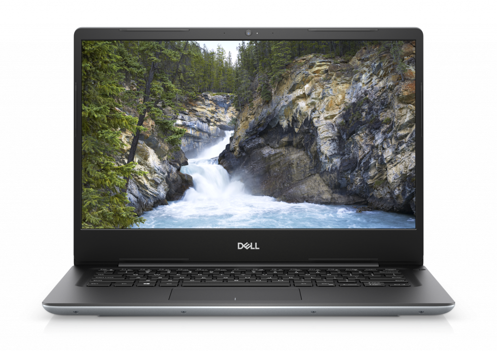 Dell Vostro 14 5000, opened and facing viewer with a mountain stream on the screen