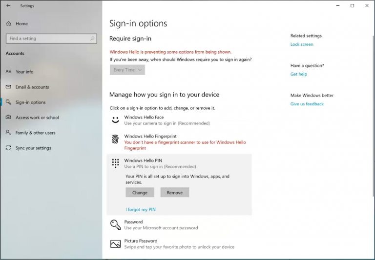 Showing sign-in Settings with Windows Hello PIN area selected and expanded.