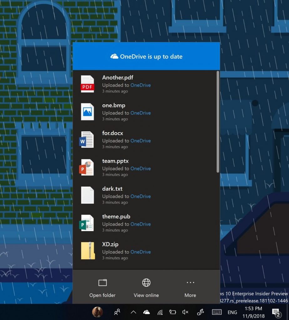  Showing the OneDrive flyout in dark theme