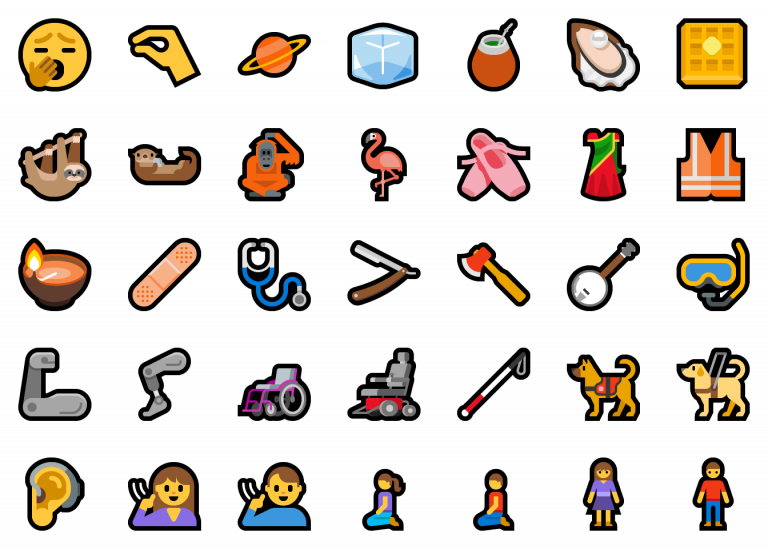 A selection of the new emoji. Including waffle, guide dog, yawning, sloth, and more.