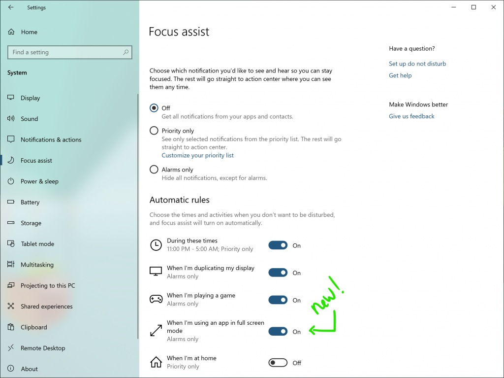 Mostra le impostazioni di Focus Assist in Impostazioni con nuovo "Quando utilizzo un'app in modalitÃ  a schermo intero".