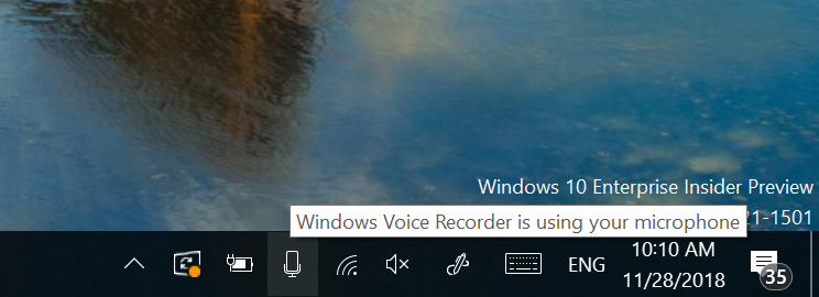 Showing hovering over the microphone button, with a tooltip that says “Windows Voice Recorder is using your microphone.