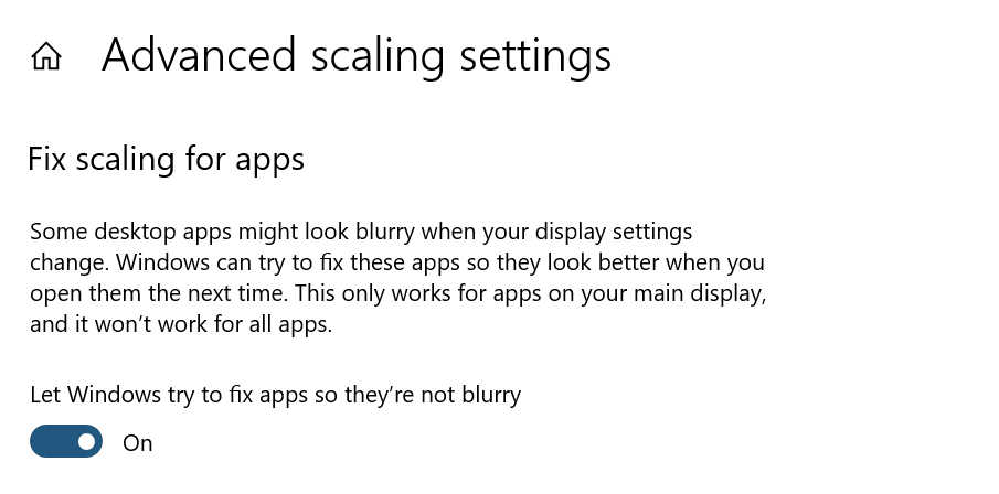 La pagina delle impostazioni "aggiusta il ridimensionamento delle app" con "fai in modo che Windows provi a correggere le app in modo che non siano sfocate".