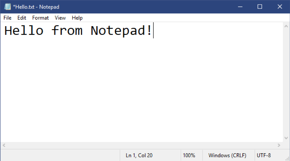 Showing Notepad, with a little asterix in the title bar, and showing the encoding in the status bar.