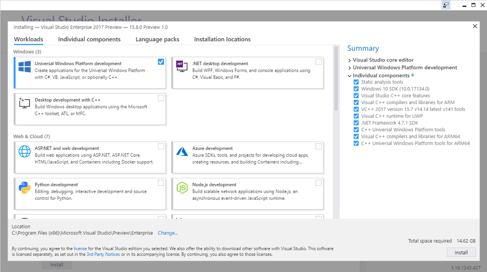 O Visual Studio Installer quando tudo que Ã© necessÃ¡rio Ã© selecionado.