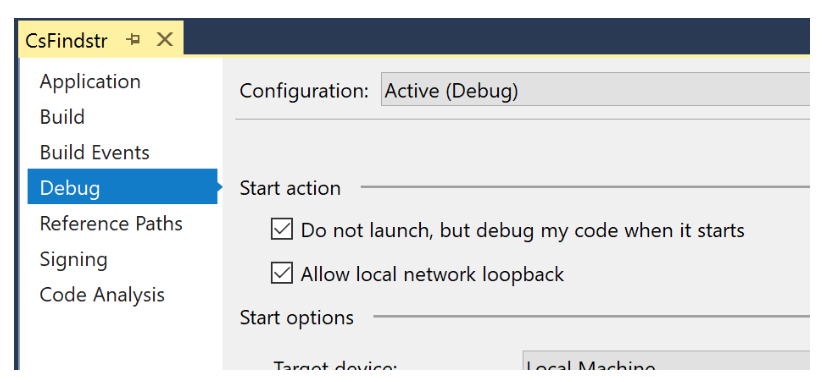 For console apps it often makes sense to set the Debug properties to “Do not launch, but debug my code when it starts.”