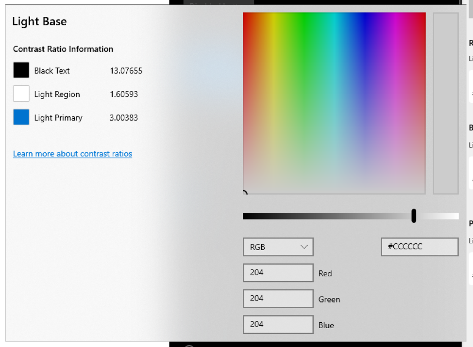 The tool provides you with a small list of contrast information on the left-hand side of the color selection window when choosing your color. 