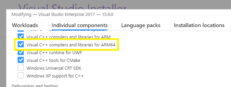 To start, update to Visual Studio 15.9. If you are going to build ARM64 C++ Win32 apps, ensure you have installed the individual component “Visual C++ compilers and libraries for ARM64.