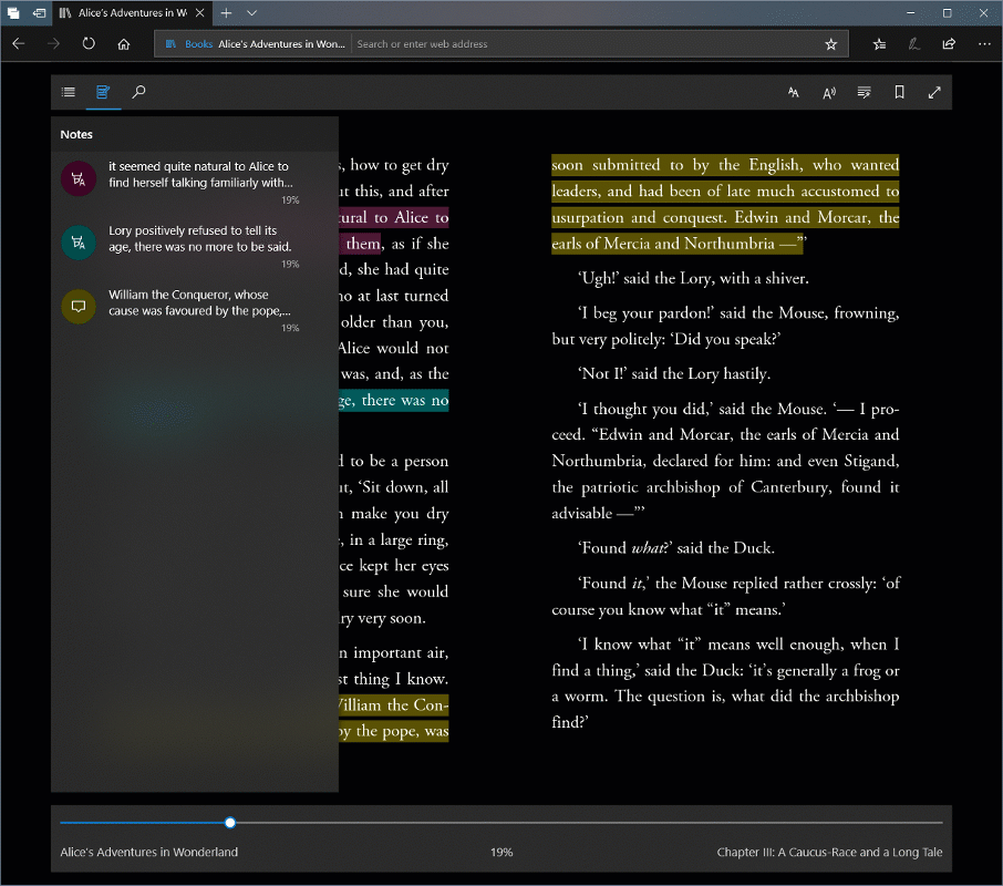 Animation showing an EPUB in Microsoft Edge toggling between Dark and Light themes, with a note pane open on screen.