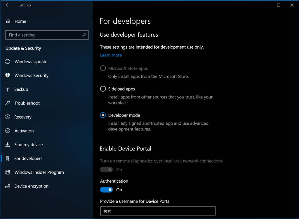 Screen capture showing the "Developer features" page in Windows Settings.