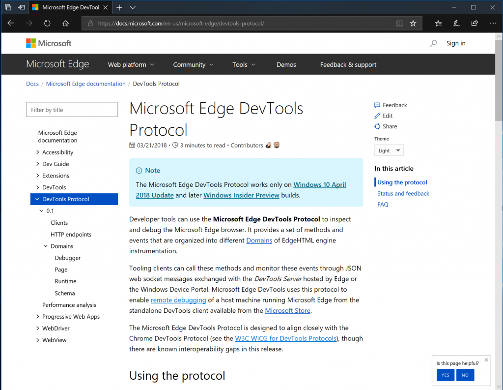 Screen capture showing the Microsoft Edge DevTools Protocol documentation open in Microsoft Edge
