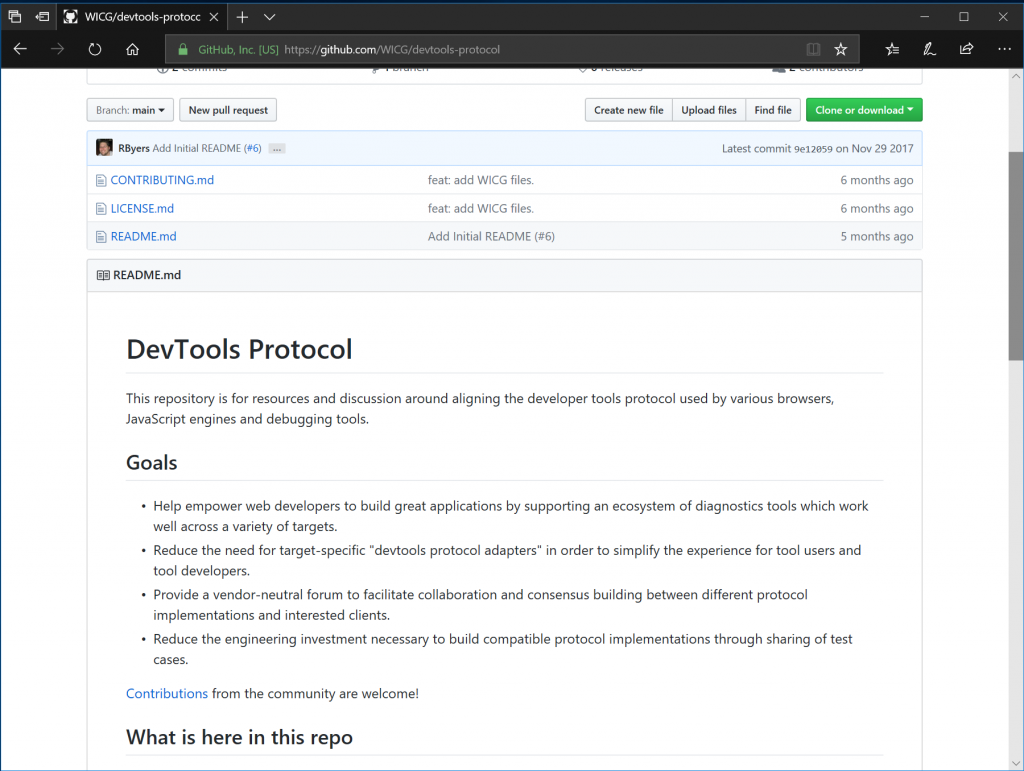 Screen capture showing the WICG DevTools Protocol page on GitHub.
