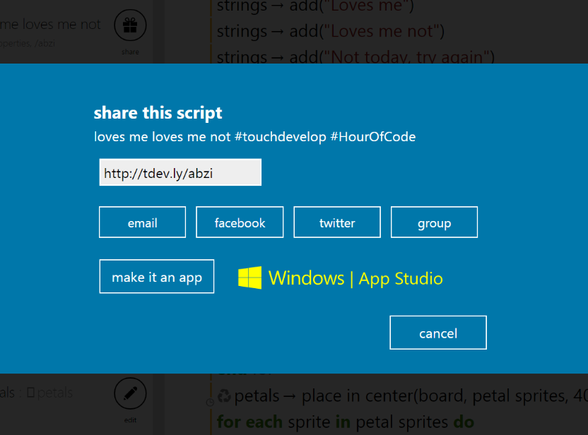 TouchDevelop will allow you to import your script into App Studio if it is a supported scenario
