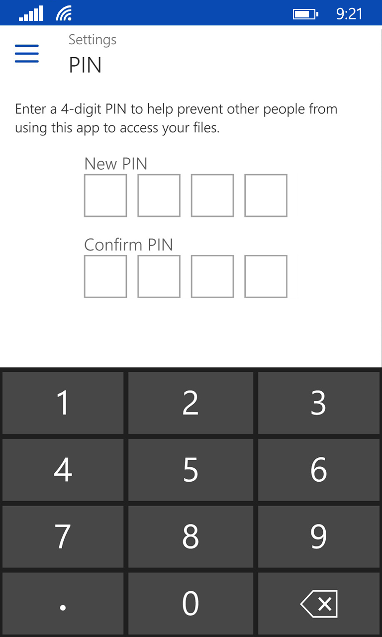 OneDrive PIN setup for Windows Phone