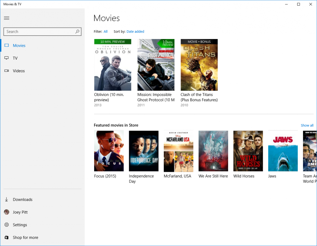 Vista de colección de películas en la aplicación Movies & TV para Windows 10