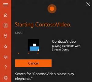 Screenshot showing the Contoso Video UWP app being launched via Cortana