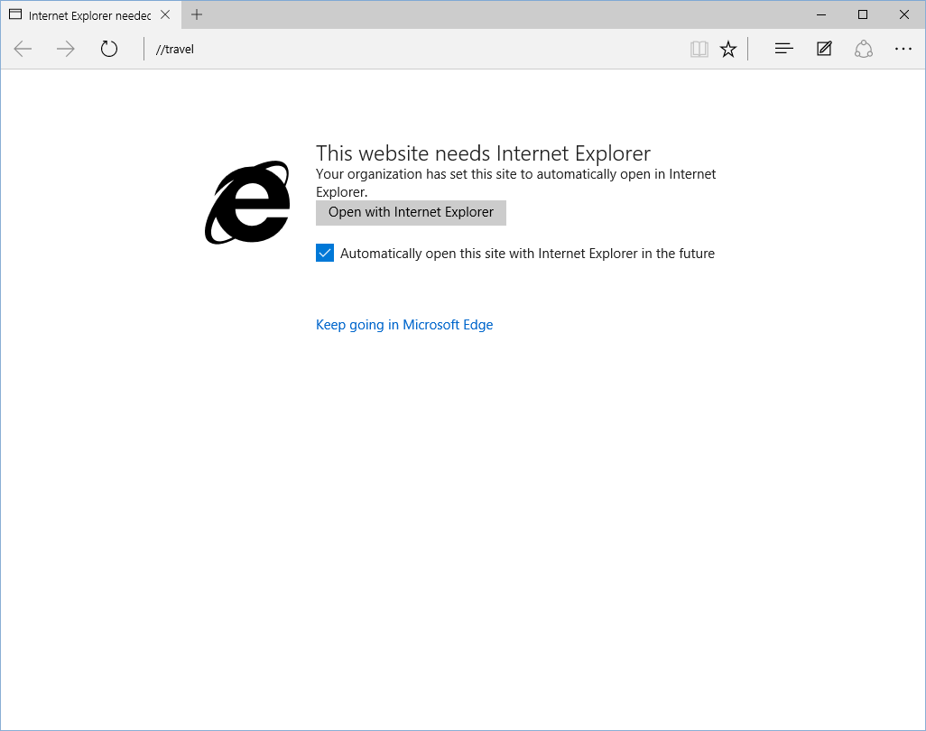Screen capture showing the interstitial transitioning to Internet Explorer