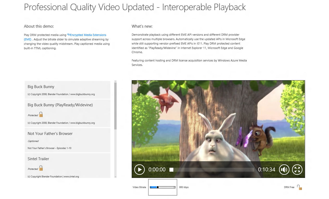 Screen capture showing the updated Professional Quality Video demo
