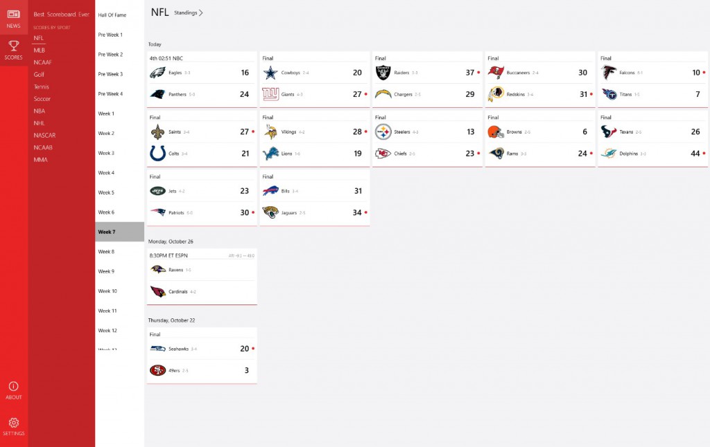 NFL Standings within the Best Scoreboard Ever on the USA TODAY Sports app for Windows 10
