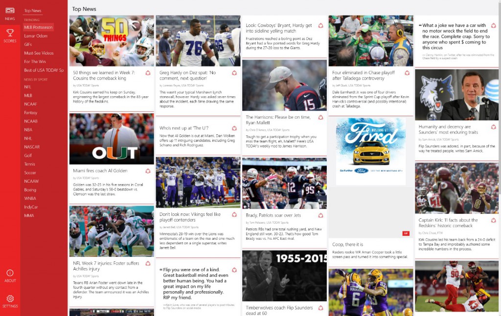 Top News screen within the USA TODAY Sports app for Windows 10