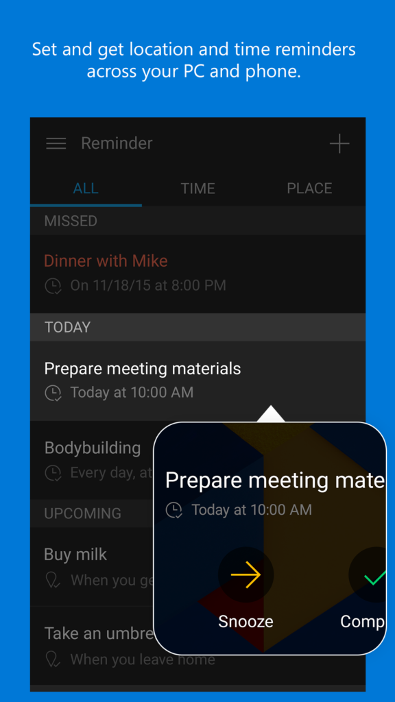 Set locations and time reminders using Cortana