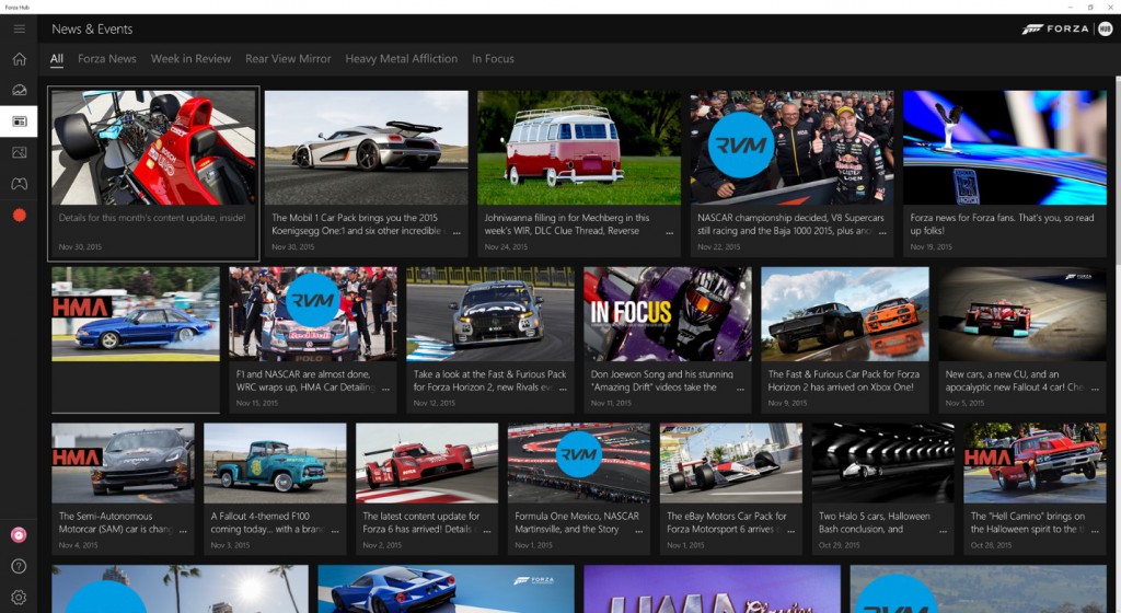 The latest Forza updates are found in the News & Events section in Forza Hub on Windows 10